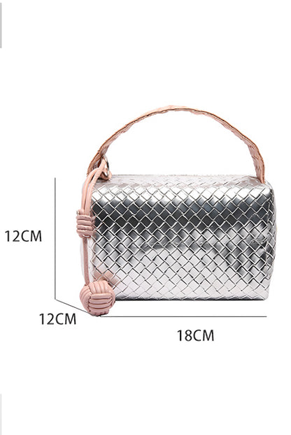 Silvery Lattice Texture Corded Ball Decor Weaven Handle Cosmetic Bag