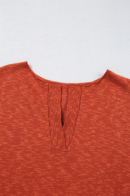 Orange Solid Color Split V Neck Short Sleeve Sweater