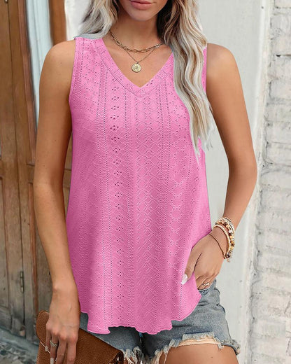 V Neck Sleeveless Thick Strap Hollow out Knit Tank Causal Top