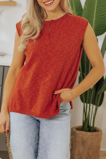 Orange Solid Color Split V Neck Short Sleeve Sweater