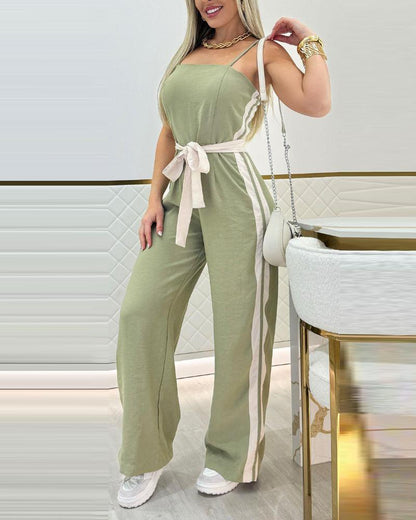 Striped Sleeveless Tied Detail Jumpsuits Spaghetti Strap Casual Wide Leg Rompers