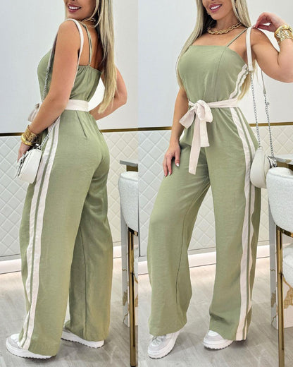 Striped Sleeveless Tied Detail Jumpsuits Spaghetti Strap Casual Wide Leg Rompers