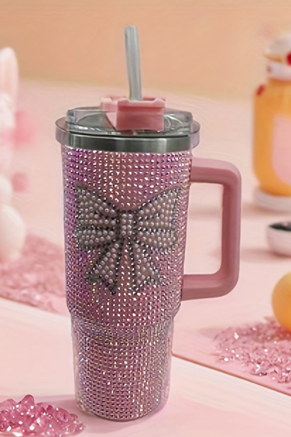 Pink Bow Knot Rhinestone Insulated Portable Cup 40oz