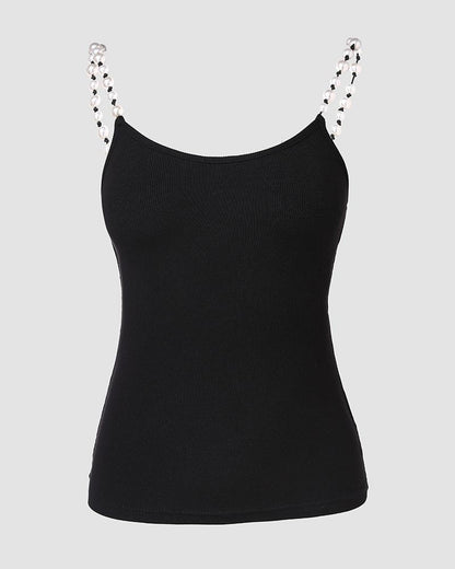 Pearls Strap V Neck Ribbed Cami Top