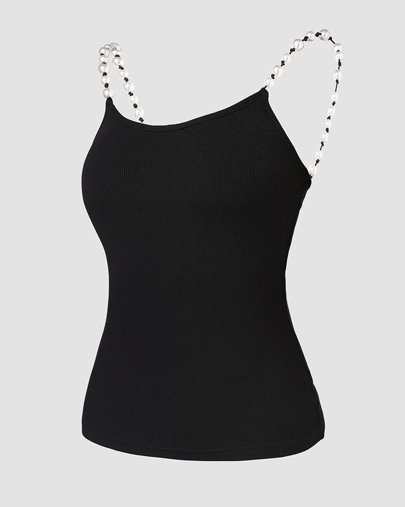 Pearls Strap V Neck Ribbed Cami Top