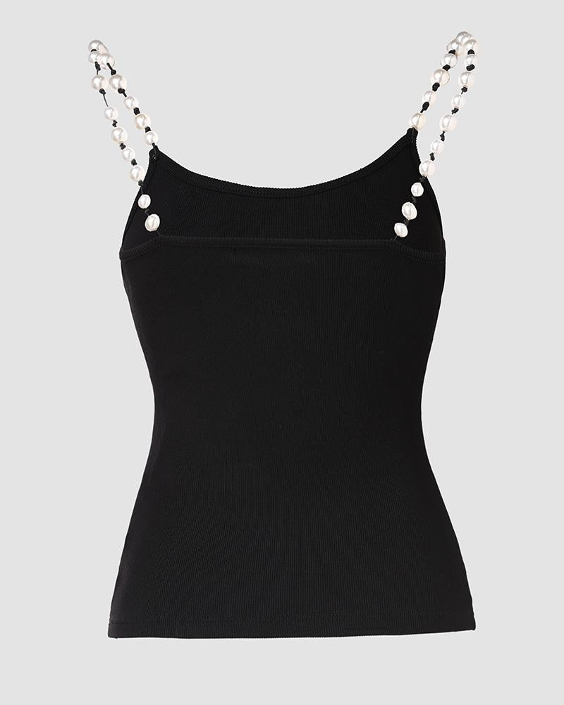 Pearls Strap V Neck Ribbed Cami Top