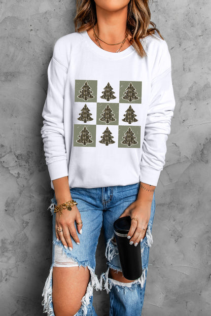 Beige Christmas Tree Checker Print Drop Shoulder Sweatshirt