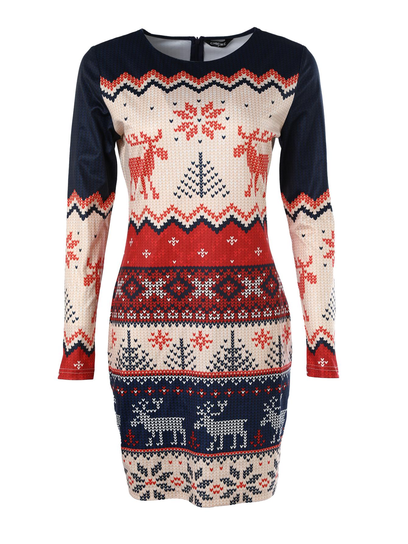 Christmas Snowflake Elk Print Crewneck Bodycon Dress Slim Fit Long Sleeve Mini Dress