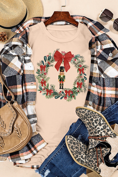 Khaki Nutcracker Bow Christmas Wreath Crewneck Printed T Shirt