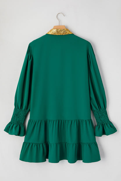 Evergreen Christmas Sequin Nutcracker Collared Shirt Ruffled Long Sleeve Mini Dress