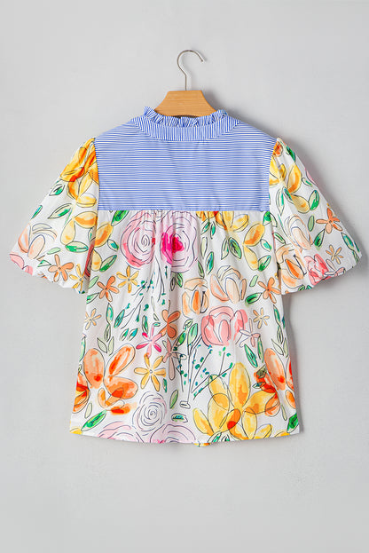 Multicolour Floral Print Striped Yoke Frilled V Neck Puff Short Sleeve Blouse