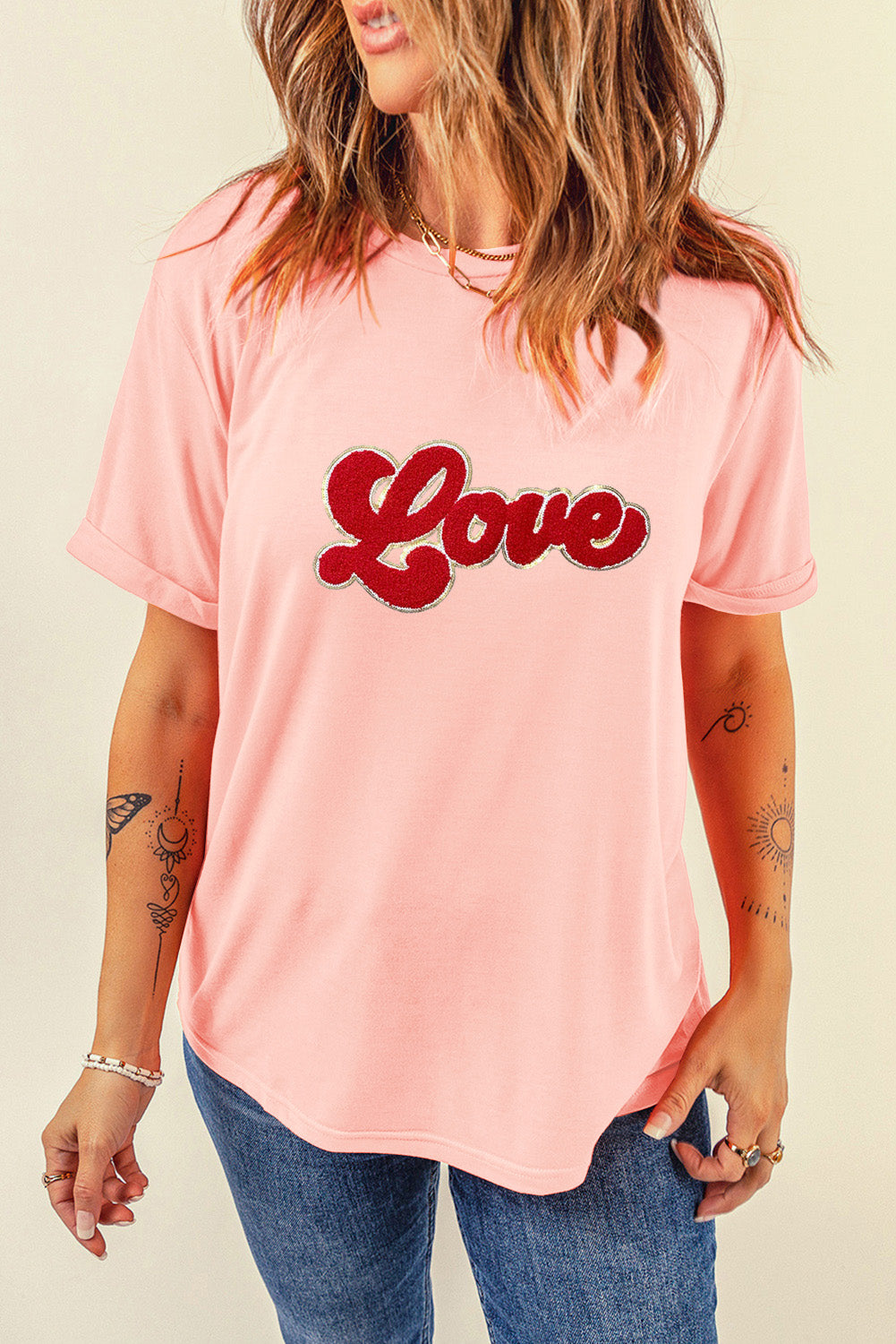 Pink Chenille Love Patched Pattern Round Neck Valentines T Shirt