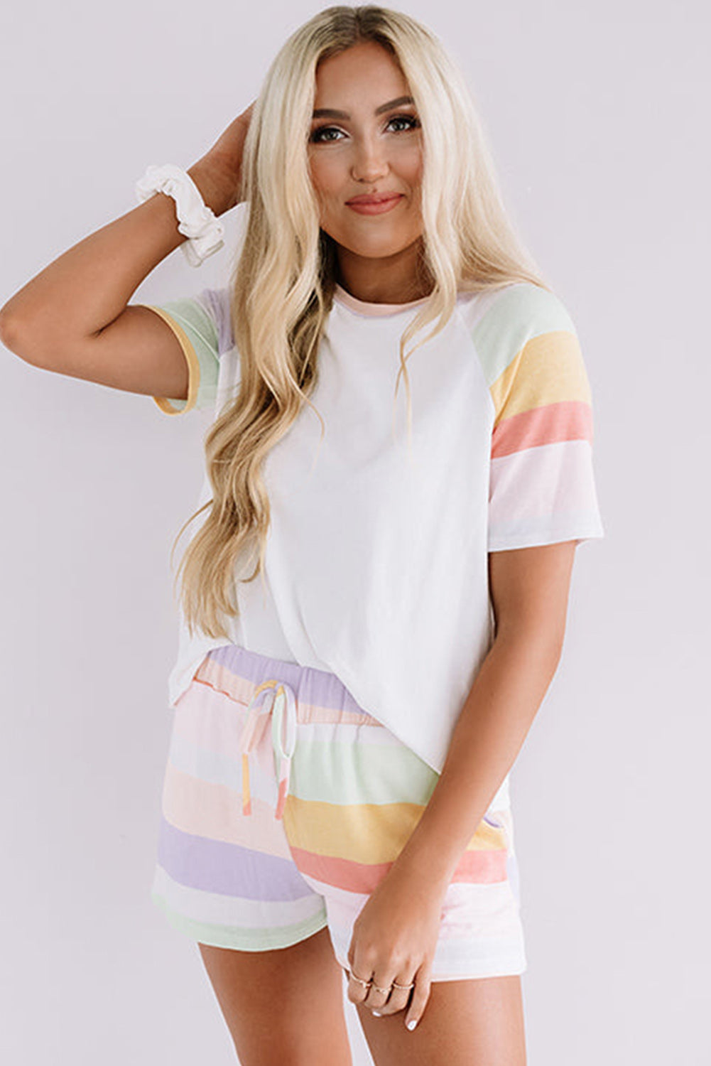 White Rainbow Striped T Shirt and Shorts Set