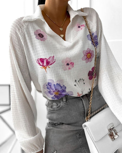 Floral Print Polo Collar Long Sleeve Blouse Casual Pullover Shirt Top