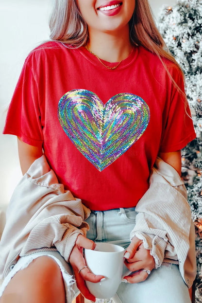 Red Rainbow Sequin Heart Shape Crew Neck T Shirt