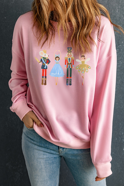 Pink Christmas Nutcracker Fairy Printed Pullover Sweatshirt