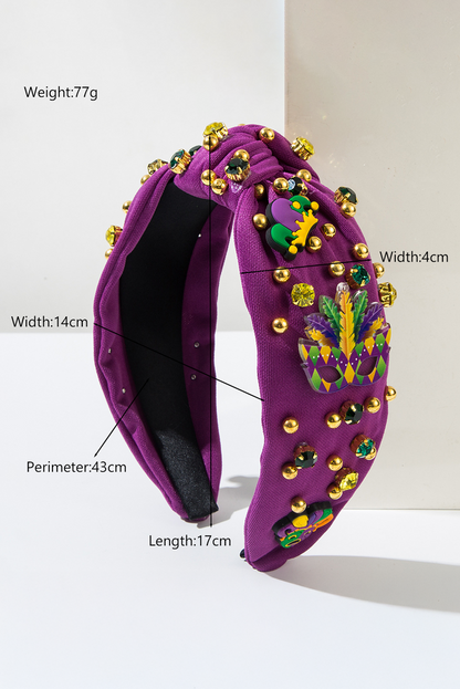 Tillandsia Purple Mardi Gras Rhinestone Beaded Knotted Wide Headband