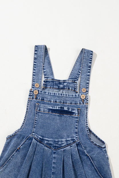 Light Blue Mineral Wash Buttoned Straps Wide Leg Denim Overalls