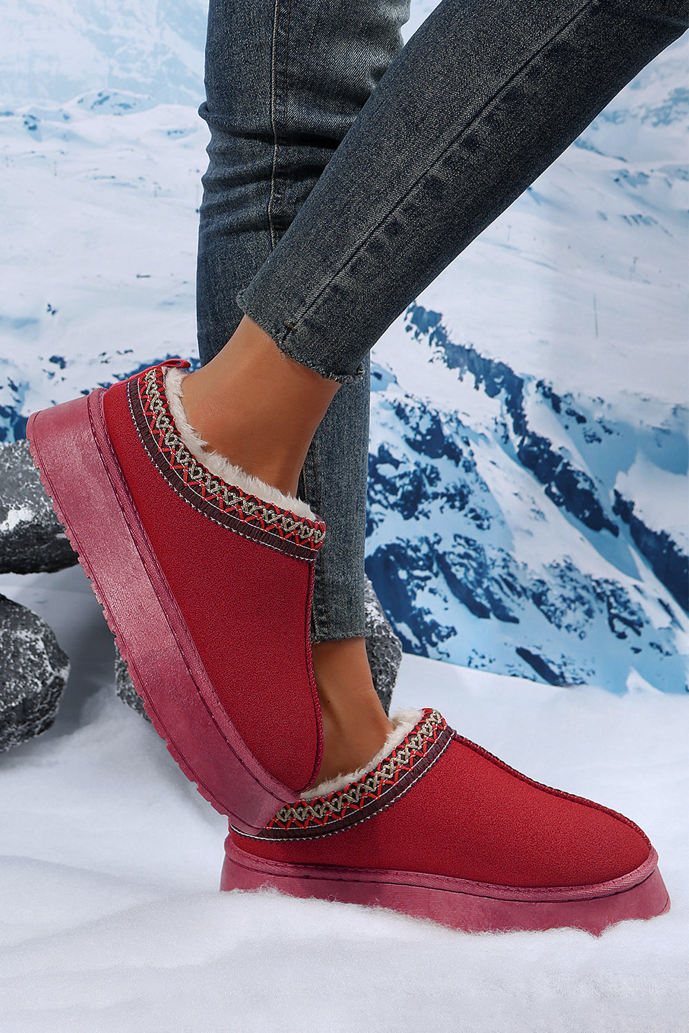 Fiery Red Contrast Print Suede Plush Lined Snow Boots