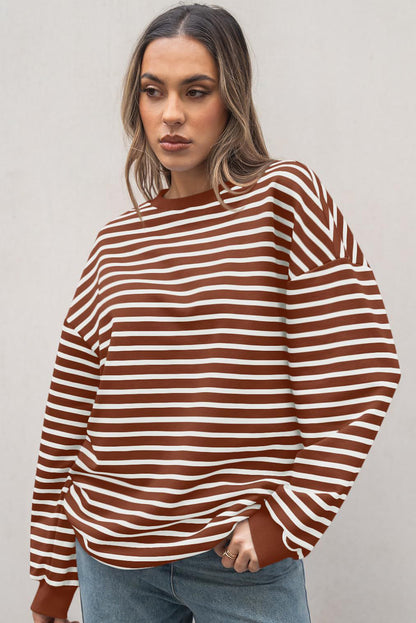 Coffee Striped Long Sleeve Round Neck Loose Long Sleeve Top