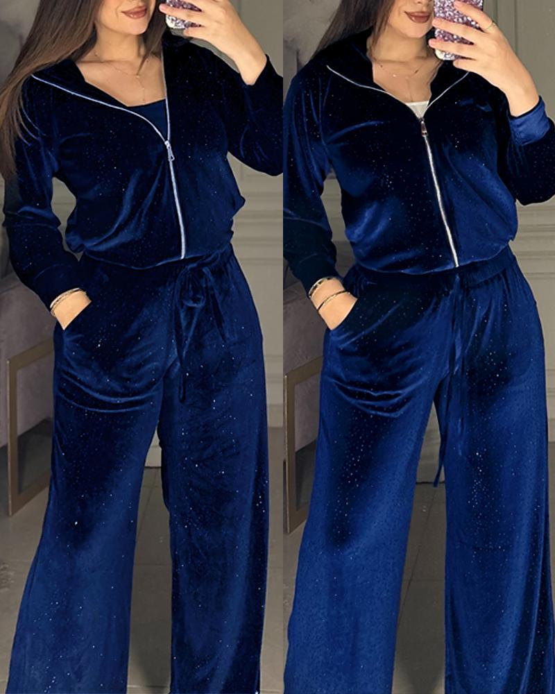 2 Piece Rhinestone Turn down Collar Long sleeves Cardigan Wide Leg Pants Casual Pants Set