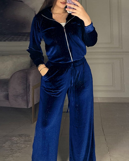 2 Piece Rhinestone Turn down Collar Long sleeves Cardigan Wide Leg Pants Casual Pants Set