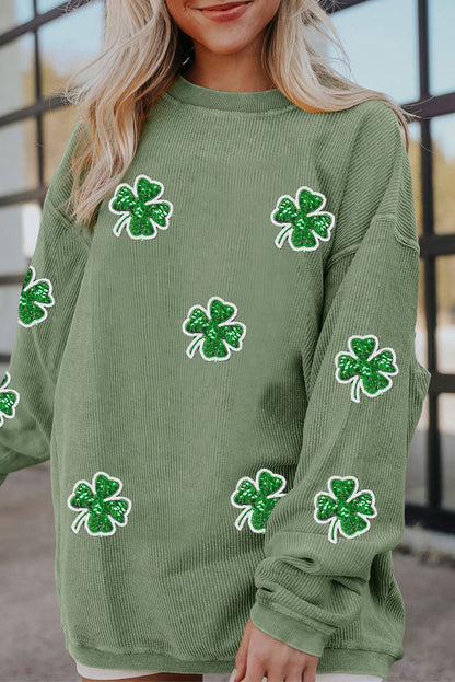 Grass Green Ribbed Four Leaf Clover Graphic St. Patricks Pullover Sweatshirt