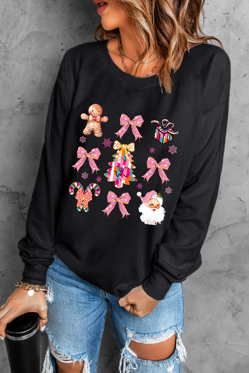 Black Christmas Fashion Print Dropped Shoulder Sweatshirt