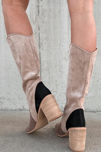 Coffee Suede Calf Length Chunky Heel Boots