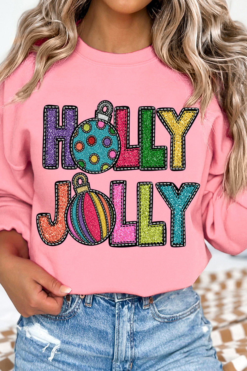 Pink HOLLY JOLLY Christmas Festive Letter Graphic Sweatshirt