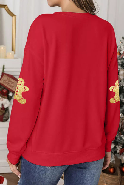 Red Cute Gingerbread Print Christmas Pullover Sweatshirt