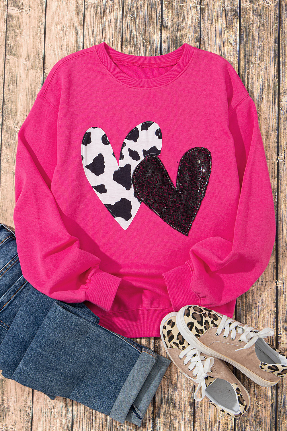 Strawberry Pink Cow & Sequin Double Heart Patch Graphic Sweatshirt