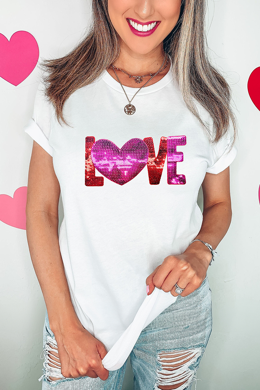 White Heart LOVE Patched Pattern Crewneck Valentines T Shirt