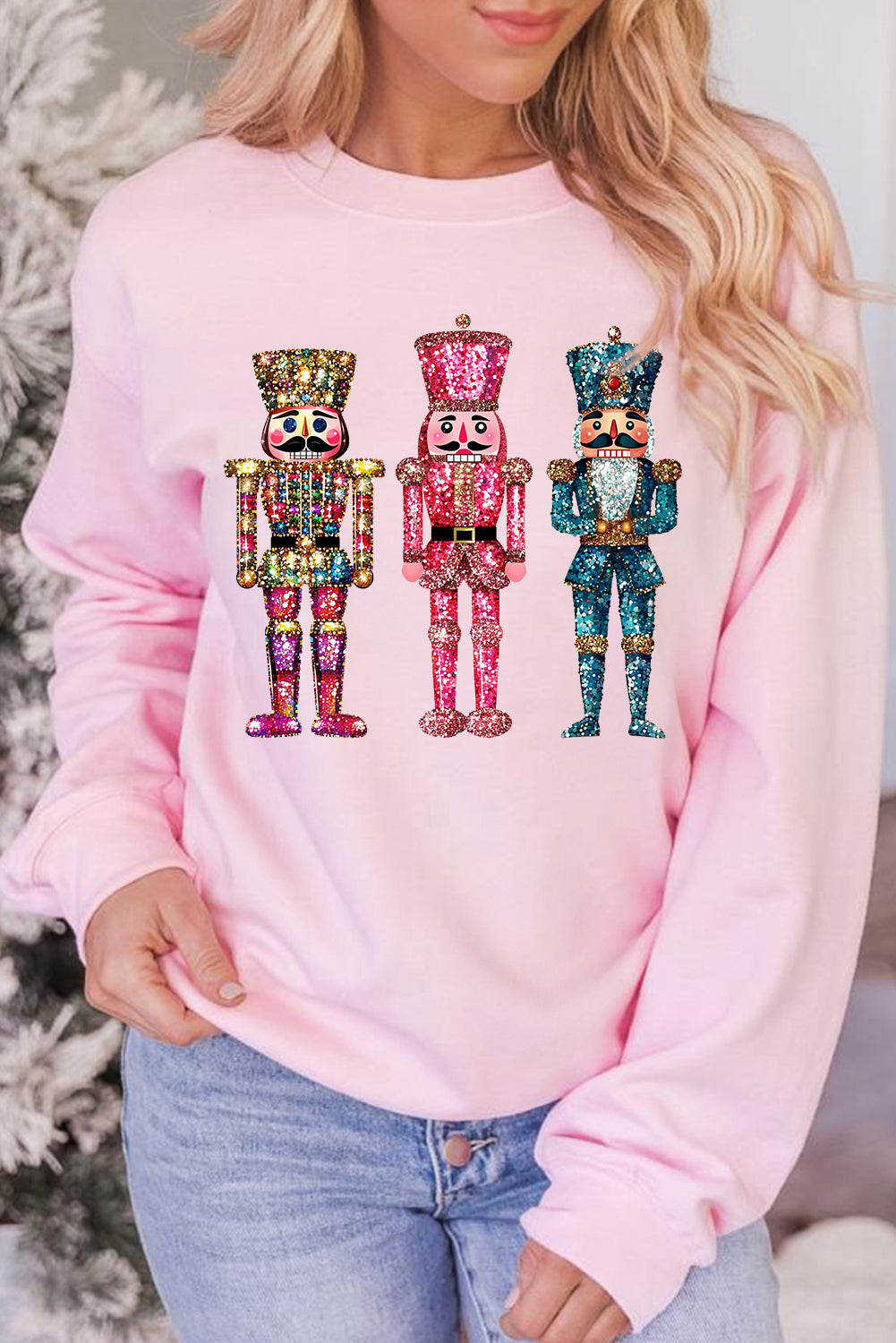 Pink Heat Transfer Printing Nutcracker Graphic Christmas Sweatshirt