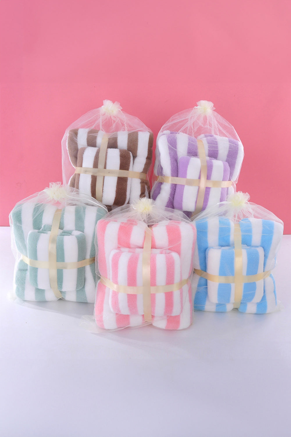 Pink Striped Plush Bath Towel Set