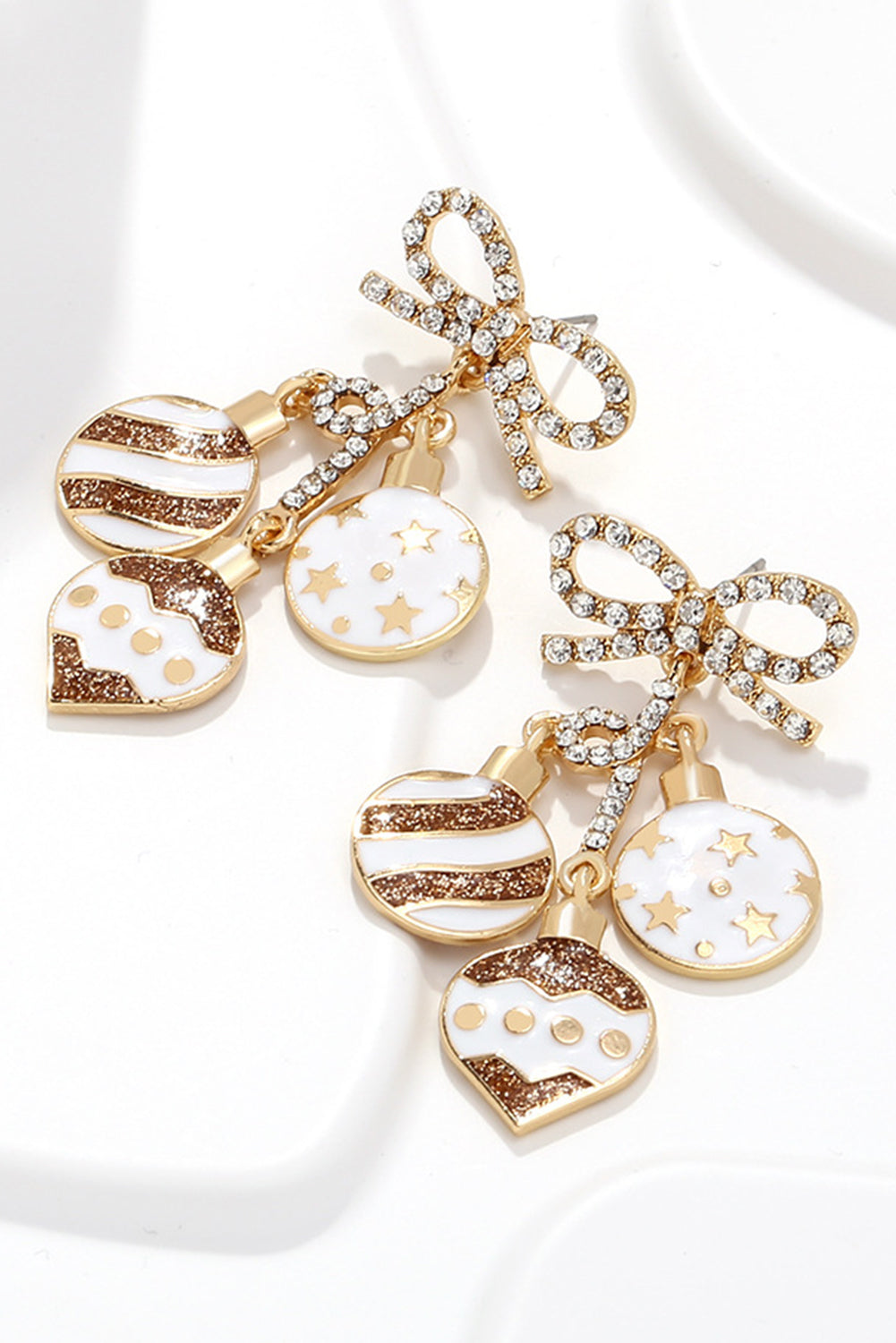 White Rhinestone Bow Circular Pendant Drop Earrings