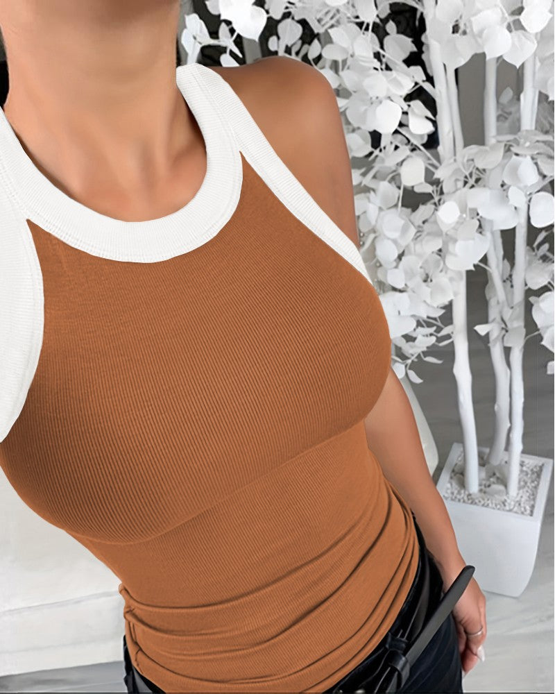 Contrast Binding Tank Tops Summer Sleeveless Basic Cami Top Shirt Slim Knit Ribbed Racerback Blouses