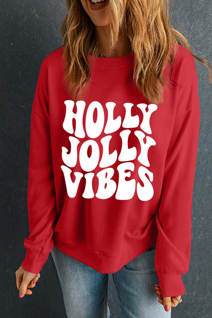 Red HOLLY JOLLY VIBES Graphic Crewneck Christmas Sweatshirt