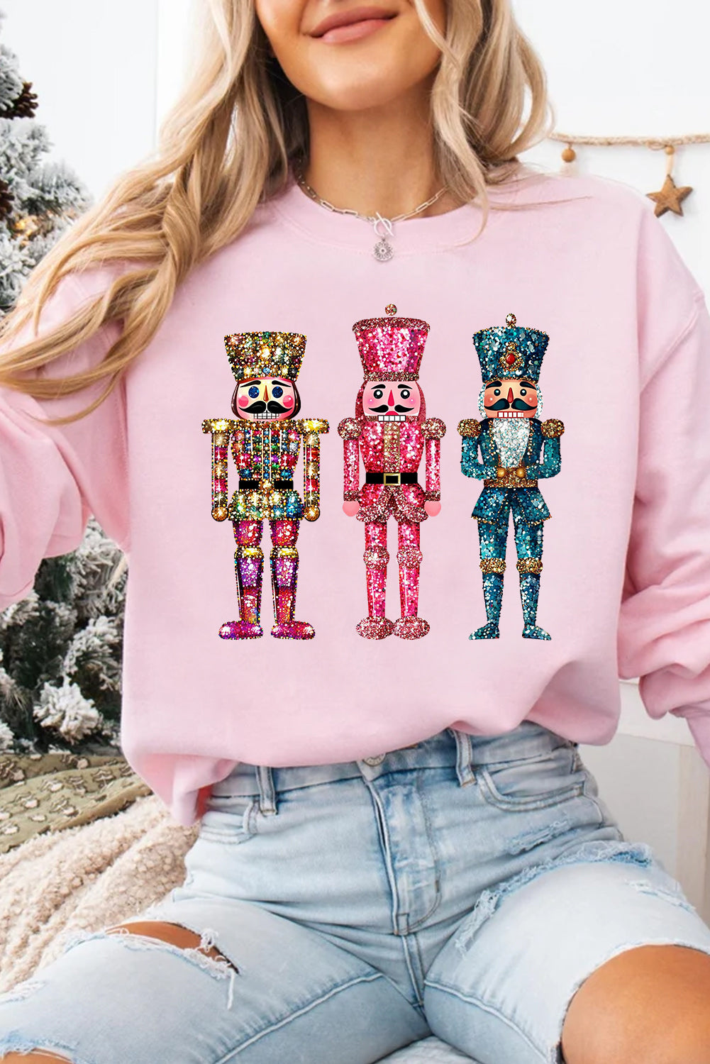 Pink Heat Transfer Printing Nutcracker Graphic Christmas Sweatshirt