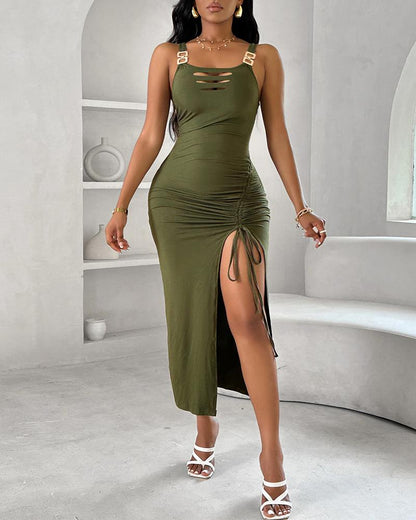 Ladder Cutout Metallic buckled Drawstring Ruched Split Thigh Bodycon Dress