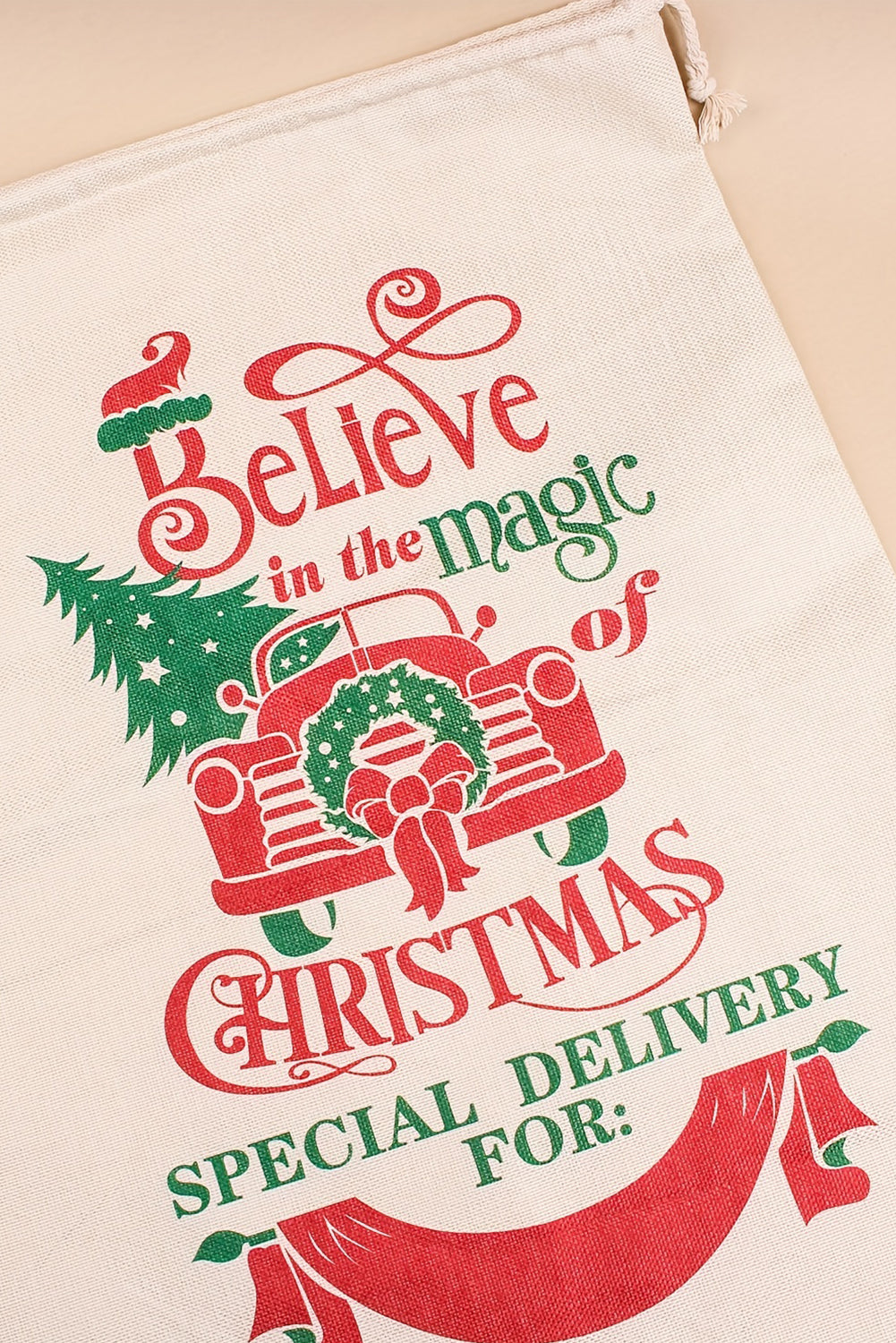 White Christmas Tree Truck Print Drawstring Large Gift Bag