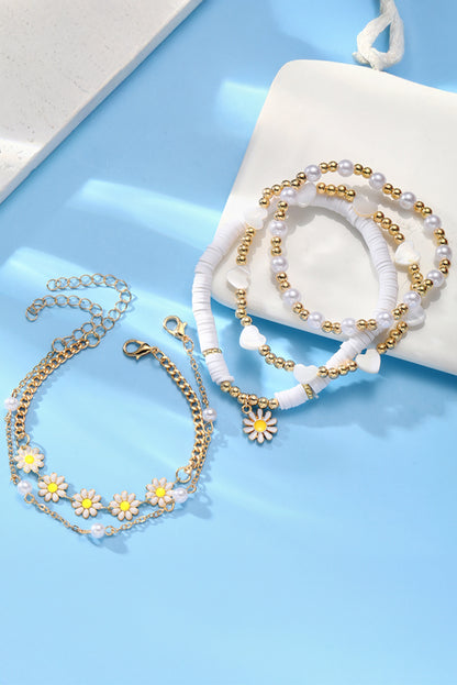 White Daisy Heart Pearl Beaded Multi Layer Bracelet Set