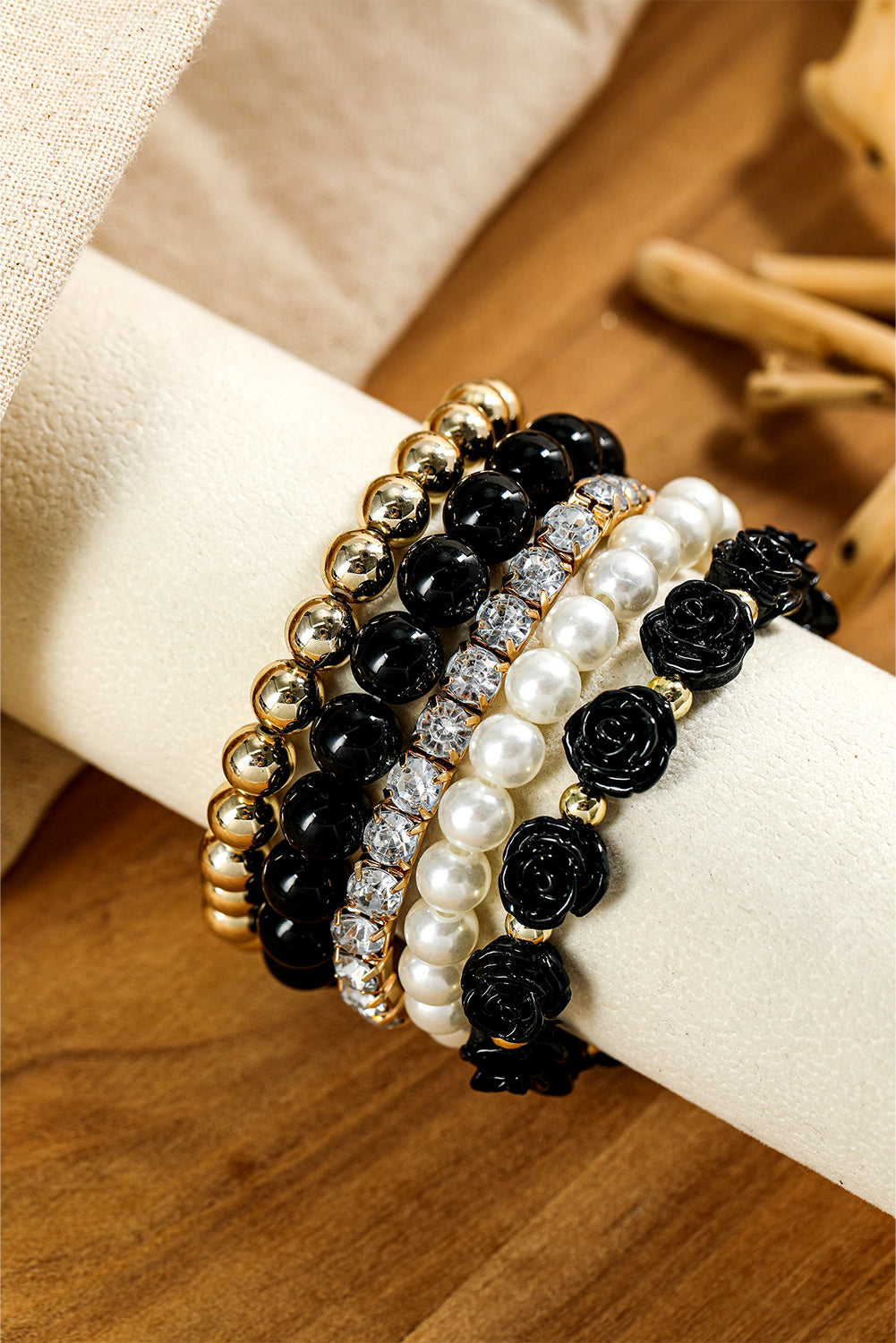 Black Flower Rhinestone Beaded Multi Layer Bracelet Set