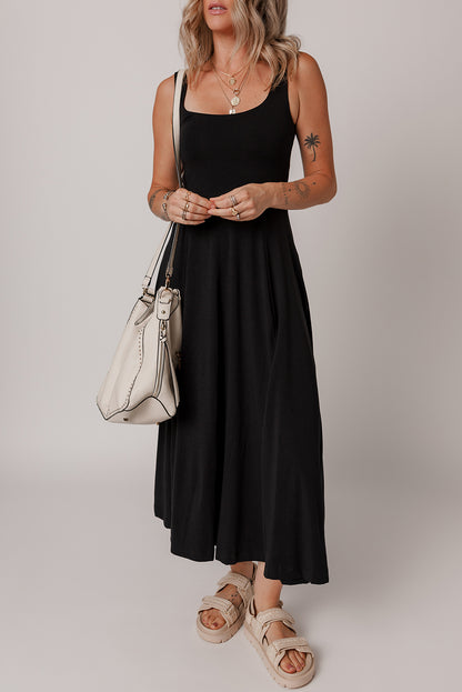 Black Sleeveless Scoop Neck Flared Split Midi Dress