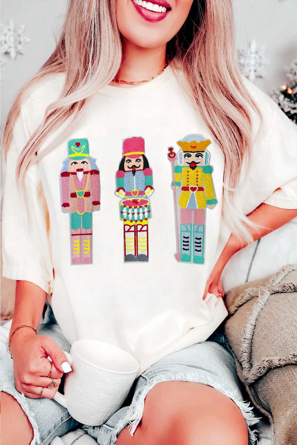 White Chenille Nutcracker Doll Graphic Christmas Fashion Tee