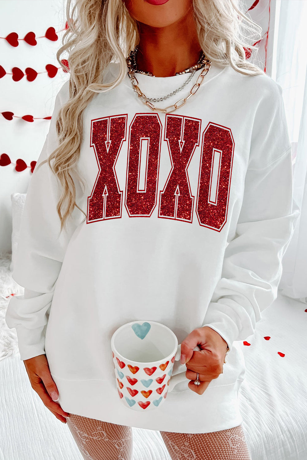 White Glitter XOXO Graphic Crewneck Valentines Pullover Sweatshirt