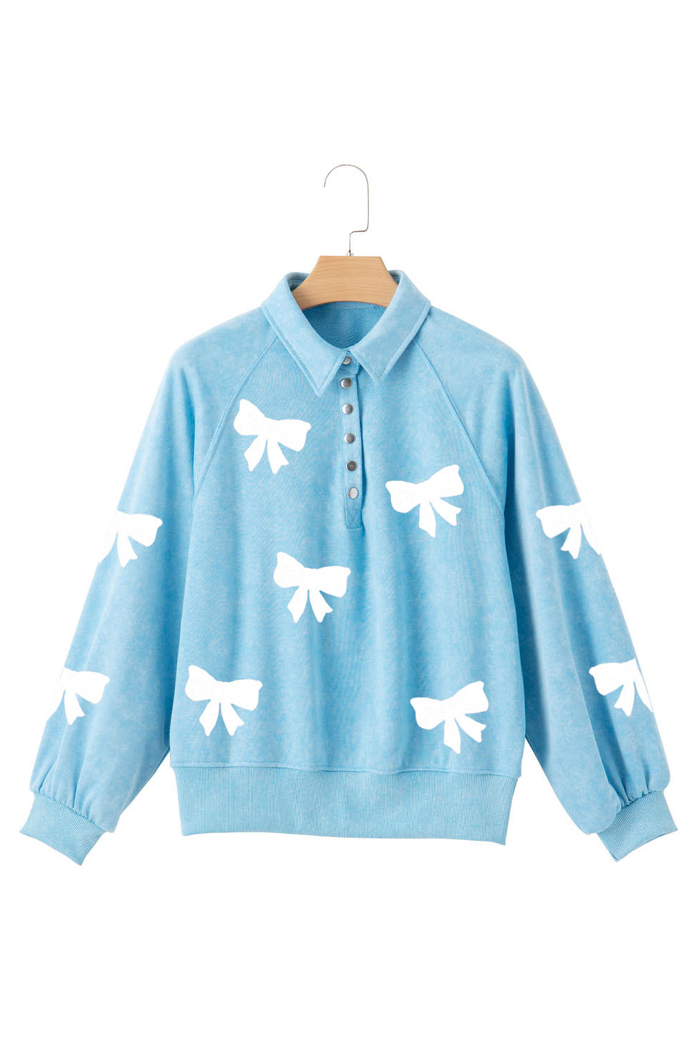 Sky Blue Bow Pattern Snap Buttons Collared Pullover Sweatshirt