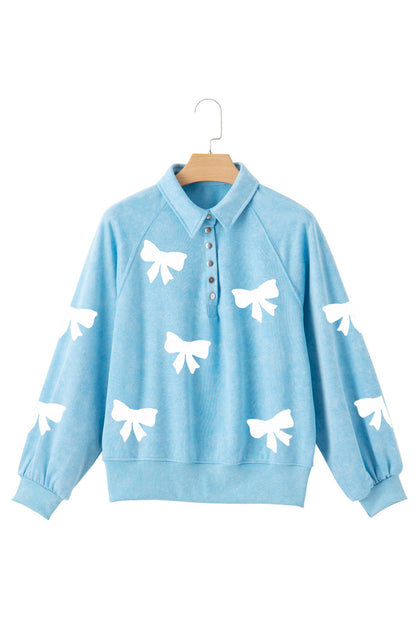 Sky Blue Bow Pattern Snap Buttons Collared Pullover Sweatshirt