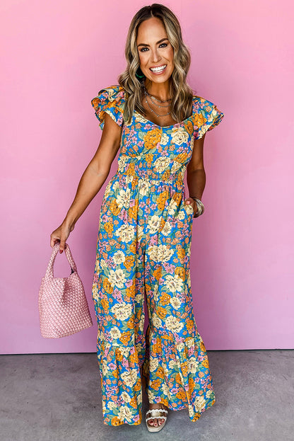 Yellow Floral Allover Print Shirred Cut Out High Waist Jumpsuit