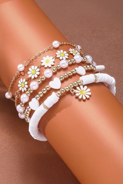 White Daisy Heart Pearl Beaded Multi Layer Bracelet Set